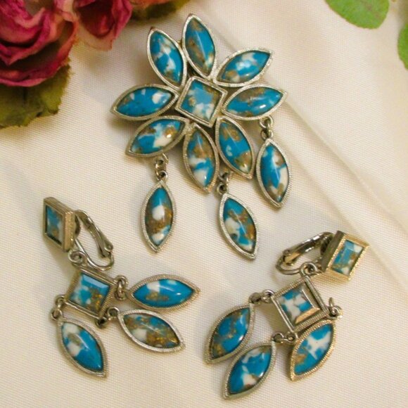 Vintage CELEBRITY Faux Turquoise Floral Brooch Pendant Earrings Set ~ DESIGNER - Picture 12 of 16